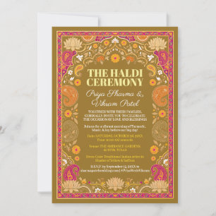 Indische Hochzeits-Haldi-Karte Olive Pink Paisley Einladung
