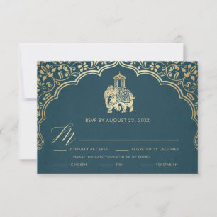Indische Hochzeits-RSVP-Karte, weiße und goldene E Einladung