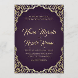 Indische Hochzeitseinladung, Schwarz, Goldrahmen Einladung