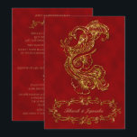 Indische Hochzeitseinladung von Red and Gold Peaco Einladung<br><div class="desc">Dieses elegante Design, genannt Red and Gold Peacock Indian Wedding, hat einen roten Hintergrund. Auf der Vorderseite der Einladung befindet sich ein goldener Pfau mit einem Glitzer-Effekt. Am unteren Ende befindet sich ein vergoldetes filigranes Scrolldesign, um den Namen des Paares in Gold zu markieren. Die Rückseite hat einen roten Hintergrund...</div>