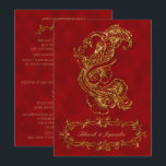 Indische Hochzeitseinladung von Red and Gold Peaco Einladung<br><div class="desc">Dieses elegante Design, genannt Red and Gold Peacock Indian Wedding, hat einen roten Hintergrund. Auf der Vorderseite der Einladung befindet sich ein goldener Pfau mit einem Glitzer-Effekt. Am unteren Ende befindet sich ein vergoldetes filigranes Scrolldesign, um den Namen des Paares in Gold zu markieren. Die Rückseite hat einen roten Hintergrund...</div>