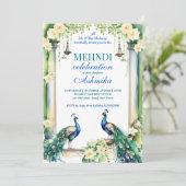 Indische Hochzeitsvorlage für Pfau und Jasmin Einladung (Stehend Vorderseite)