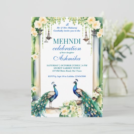 Indische Hochzeitsvorlage für Pfau und Jasmin Einladung (Stehend Vorderseite)