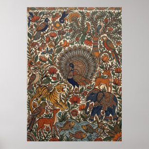 Indische Kalamkari-Volks kunst Pfau Tiger Elefant  Poster