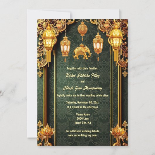 Indische Laternen Lotus Blume luxuriöse Elefanten Einladung (Vorderseite)