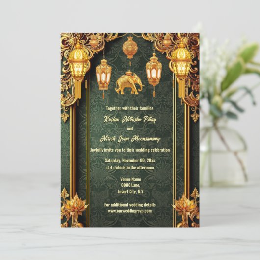 Indische Laternen Lotus Blume luxuriöse Elefanten Einladung (Stehend Vorderseite)