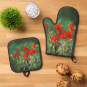 Indische Malerei mit Pinsel Original Wildblume Art Ofenhandschuh & Topflappen-Set (Oben Unten)