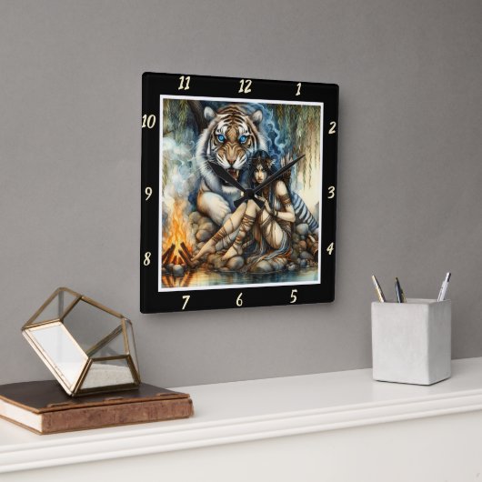 Indische Nächte: Tiger's Shadow Star's Dance Quadratische Wanduhr (Büro)