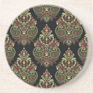 Indische Paisley, geometrischer schwarzer Hintergr Getränkeuntersetzer