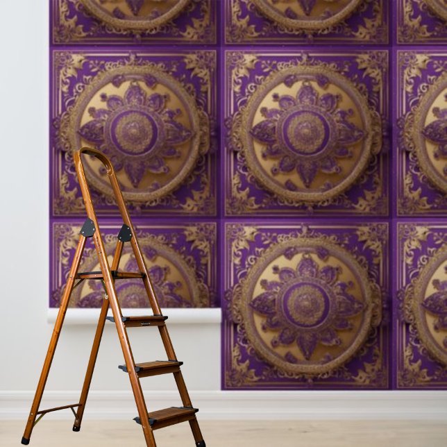 Indische reiche Lila Goldplätze abziehen und festh Tapete (Peel and Stick Indian Rich Purple Gold Squares Wallpaper)