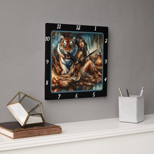 Indische Reverie: Willow's Shade Tiger's Peace Quadratische Wanduhr (Büro)