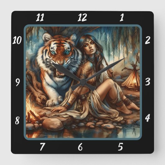 Indische Reverie: Willow's Shade Tiger's Peace Quadratische Wanduhr (Vorderseite)