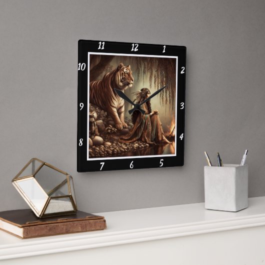 Indische Ruhe: Tigers ruhiger Silberteich Quadratische Wanduhr (Büro)