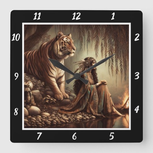 Indische Ruhe: Tigers ruhiger Silberteich Quadratische Wanduhr (Vorderseite)
