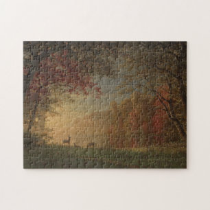 Indische Sonnenuntergang-Rotwild durch einen See Puzzle