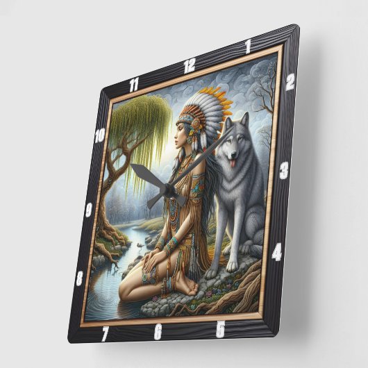 Indische Ureinwohner: Wolf und Maidens Glade Quadratische Wanduhr (Winkel)
