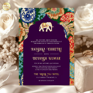 Indische Volkskunst Elefantenhochzeit Aubergine Go Folieneinladung