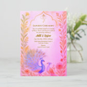 Indische Vorehelichts-Sangeet-Zeremonie Peacock Fl Einladung (Stehend Vorderseite)