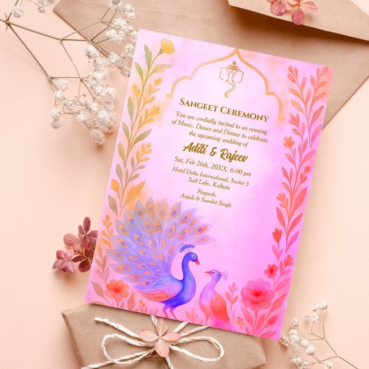 Indische Vorehelichts-Sangeet-Zeremonie Peacock Fl Einladung