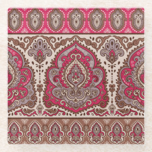 Indischer Blumenpaisley, ethnische Mandala Muster. Glasuntersetzer