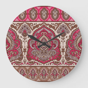 Indischer Blumenpaisley, ethnische Mandala Muster. Große Wanduhr