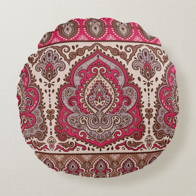 Indischer Blumenpaisley, ethnische Mandala Muster. Rundes Kissen (Vorderseite)