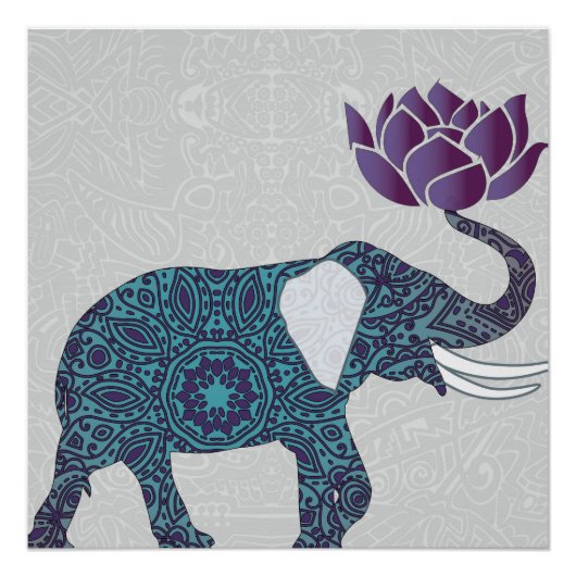Indischer Elefant Aquamariner und Lila Lotus Poster (Vorderseite)