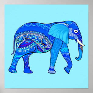 Indischer Elefant in einem blau-arabischen Muster Poster