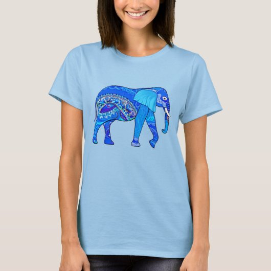 Indischer Elefant in einem blau-arabischen Muster T-Shirt (Vorderseite)