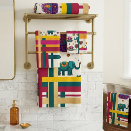 Indischer Elefant Pfau Farbige Geometrie Badhandtuch Set