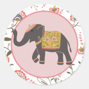 Indischer Elefant Rosa Gelbes Blumenmuster Runder Aufkleber