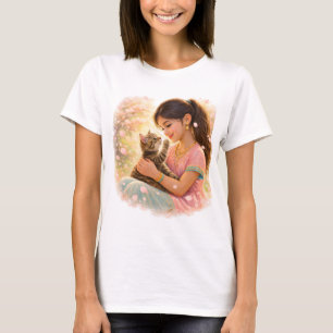 Indischer Frühling - Mädchen mit Kätzchen im Garte T-Shirt