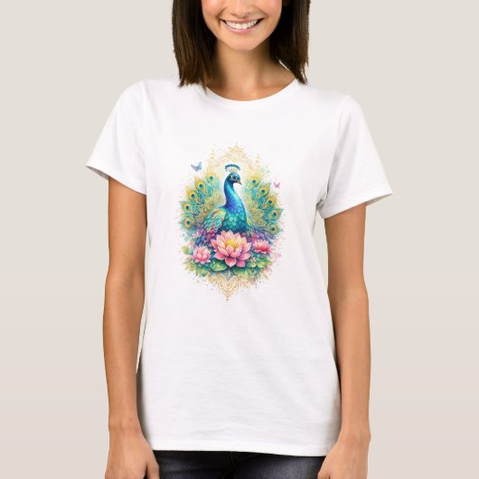 Indischer Frühling - Pfau mit Lotus & Gold T-Shirt (Vorderseite)