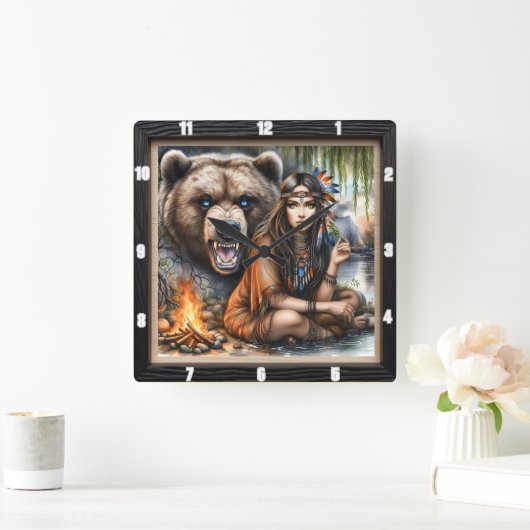 Indischer Girl Bear Willow Tree Quadratische Wanduhr (Zuhause)