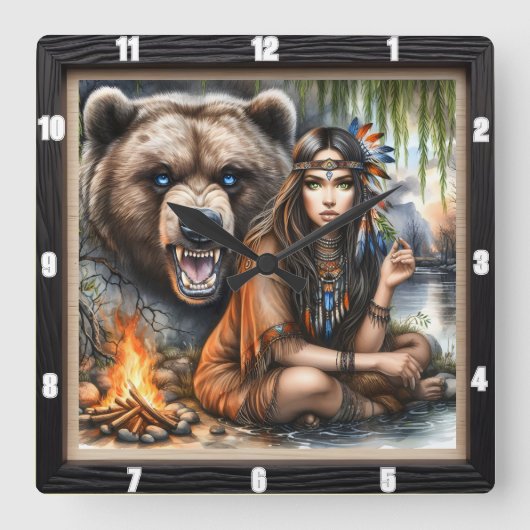 Indischer Girl Bear Willow Tree Quadratische Wanduhr (Vorderseite)
