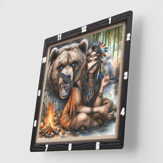 Indischer Girl Bear Willow Tree Quadratische Wanduhr (Winkel)
