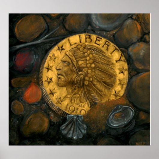 Indischer Head Gold $5 Halbes Eagle Öl auf Gesso Poster (Vorne)