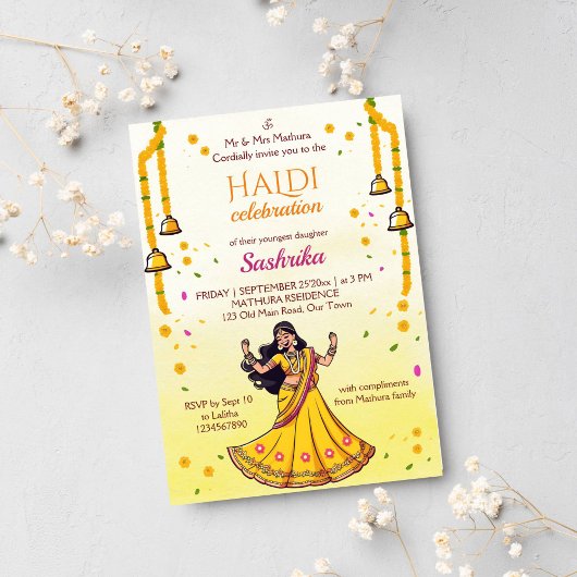 Indischer Hochzeit Haldi pithi Braut Cartoon Einladung