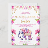 Indischer Hochzeitelefant, pinkfarbene Blume Einladung (Vorderseite)