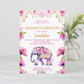 Indischer Hochzeitelefant, pinkfarbene Blume Einladung (Stehend Vorderseite)