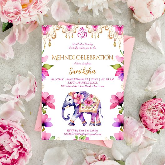 Indischer Hochzeitelefant, pinkfarbene Blume Einladung
