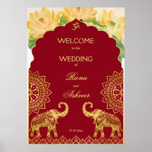Indischer Hochzeitmaronen Goldelfant Lotus willkom Poster
