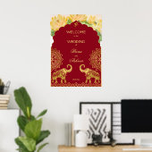Indischer Hochzeitmaronen Goldelfant Lotus willkom Poster (Heimbüro)