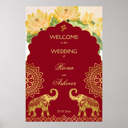 Indischer Hochzeitmaronen Goldelfant Lotus willkom Poster (Vorne)