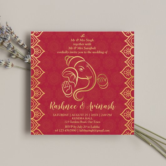 Indischer Hochzeitmaroon und Gold Ganesha-Vorlage