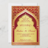 Indischer Hochzeitroter und Vintager Bogen Einladung (Vorderseite)