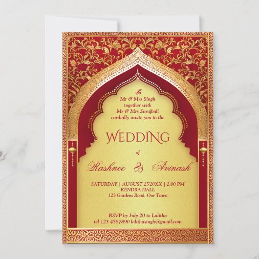 Indischer Hochzeitroter und Vintager Bogen Einladung (Vorderseite)