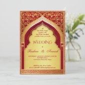 Indischer Hochzeitroter und Vintager Bogen Einladung (Stehend Vorderseite)