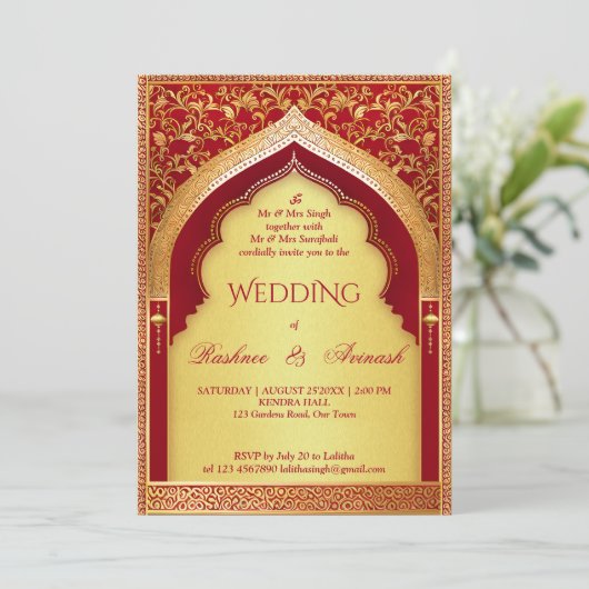 Indischer Hochzeitroter und Vintager Bogen Einladung (Stehend Vorderseite)
