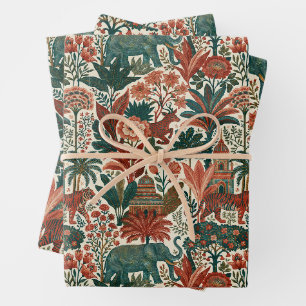Indischer Kolonialgarten Elefanten Tiger Vintage Geschenkpapier Set